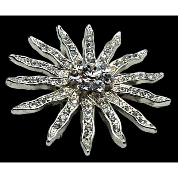 Vintage Clear Rhinestone Starburst Brooch Pin Silver Tone Costume Jewelry - Picture 6 of 10